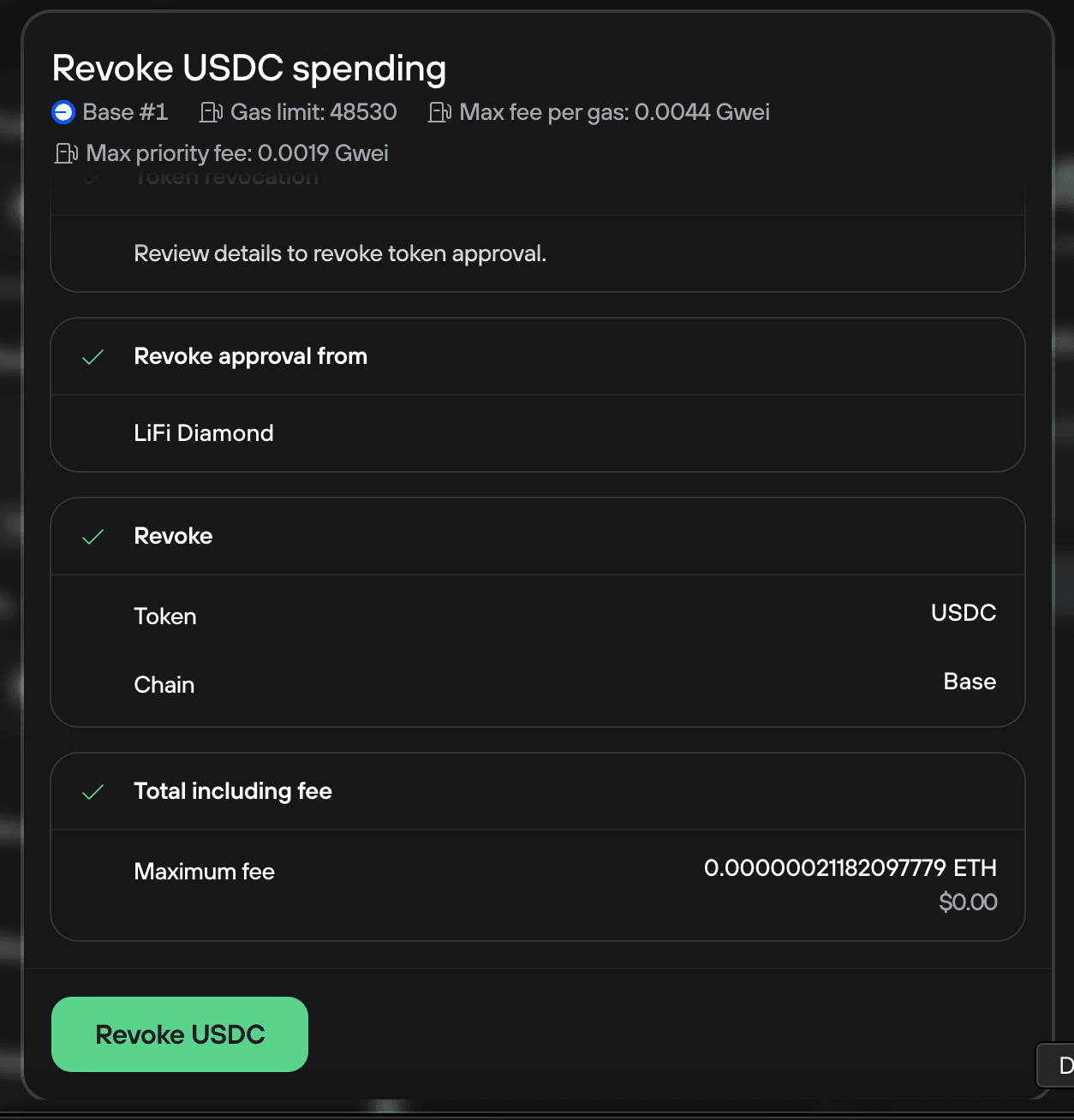 Revoke USDC spending confirmation summarizing LiFi Diamond token USDC on Base and maximum ETH fee with Revoke USDC button.
