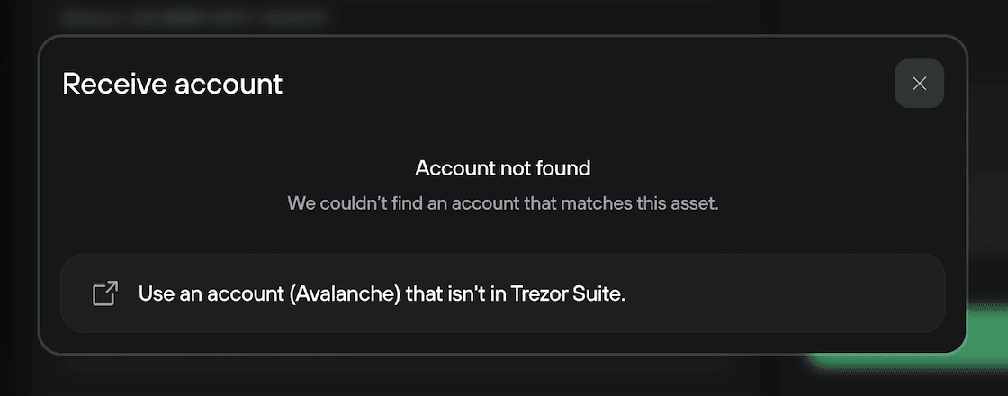 Receive account error dialog saying account not found and offering to use an external Avalanche account outside Trezor Suite.