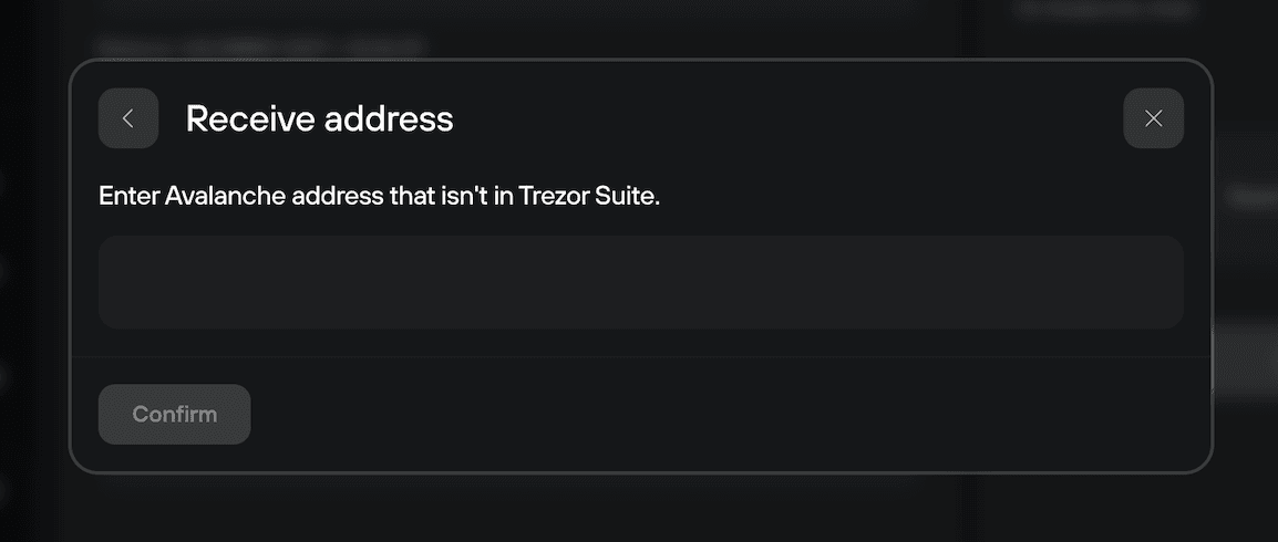 Receive address dialog with empty text field for external Avalanche address and disabled Confirm button below.