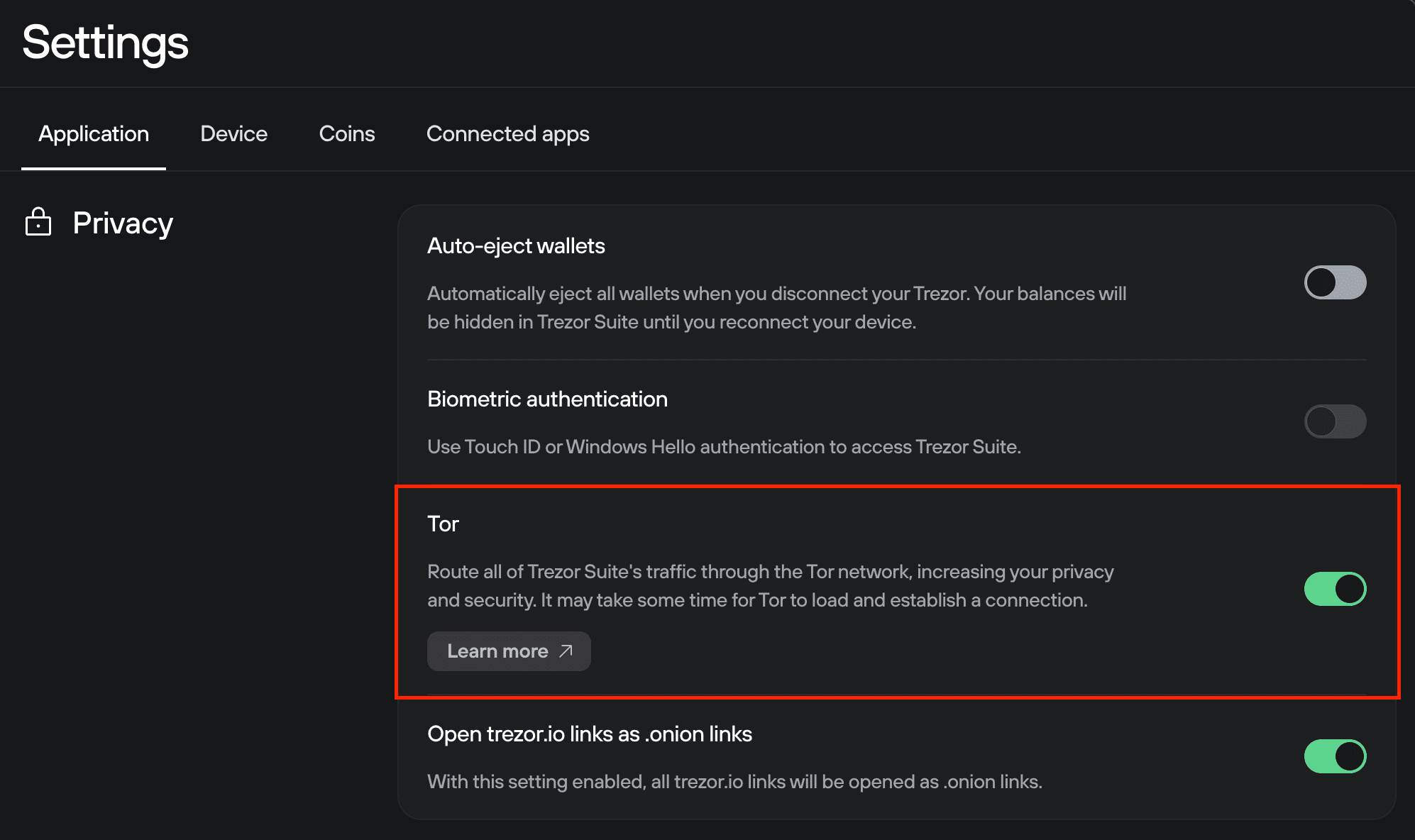 Trezor Suite Privacy settings showing the Tor option enabled, routing all app traffic through the Tor network for increased privacy