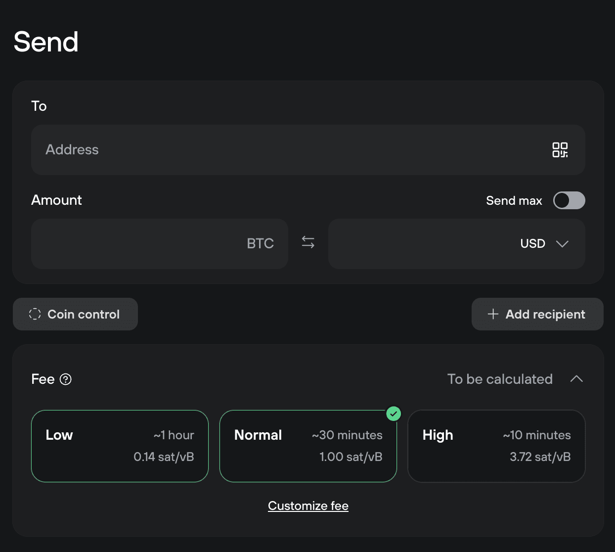 Send form with recipient address, BTC amount fields, coin control, add recipient, and fee speed options low, normal, high