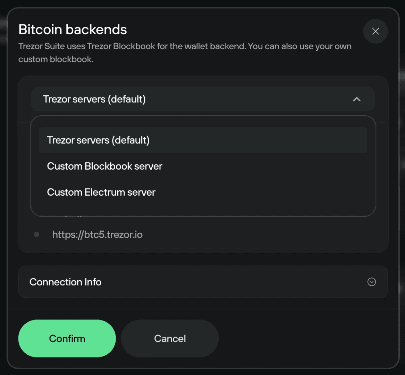 Dropdown menu in Trezor Suite showing backend options for Bitcoin: Trezor servers, Custom Blockbook, or Custom Electrum server.